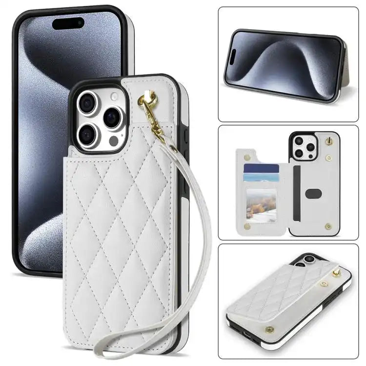 Rhombic Dual Buckle Card Slots Phone Case with Lanyard