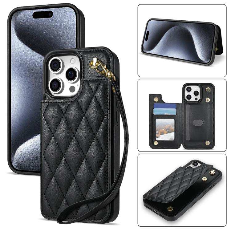 Rhombic Dual Buckle Card Slots Phone Case with Lanyard