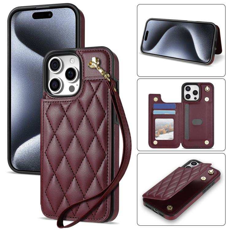 Rhombic Dual Buckle Card Slots Phone Case with Lanyard
