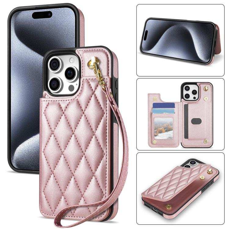 Rhombic Dual Buckle Card Slots Phone Case with Lanyard