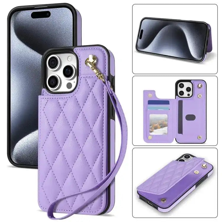 Rhombic Dual Buckle Card Slots Phone Case with Lanyard