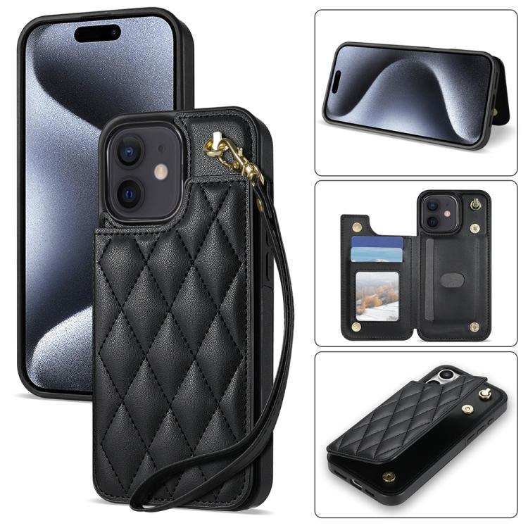 Rhombic Dual Buckle Card Slots Phone Case with Lanyard