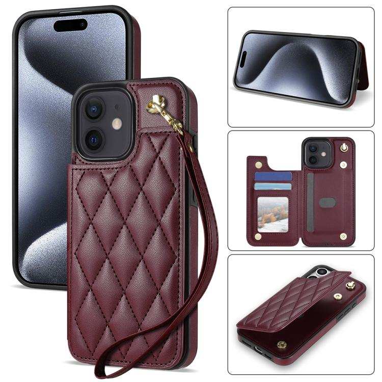 Rhombic Dual Buckle Card Slots Phone Case with Lanyard