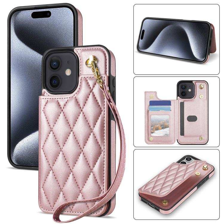 Rhombic Dual Buckle Card Slots Phone Case with Lanyard