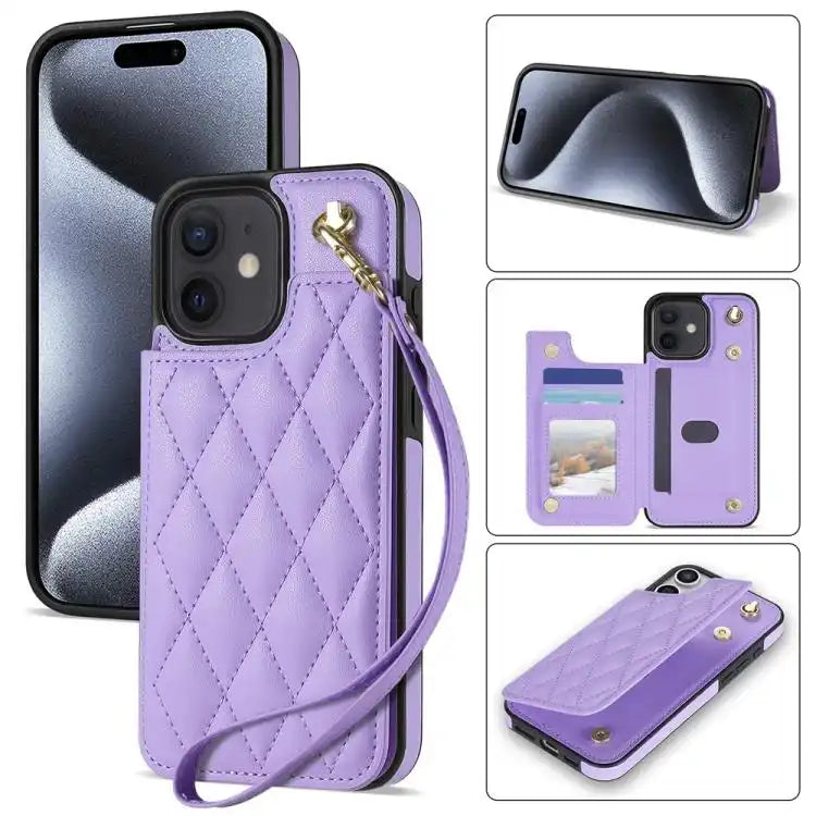 Rhombic Dual Buckle Card Slots Phone Case with Lanyard