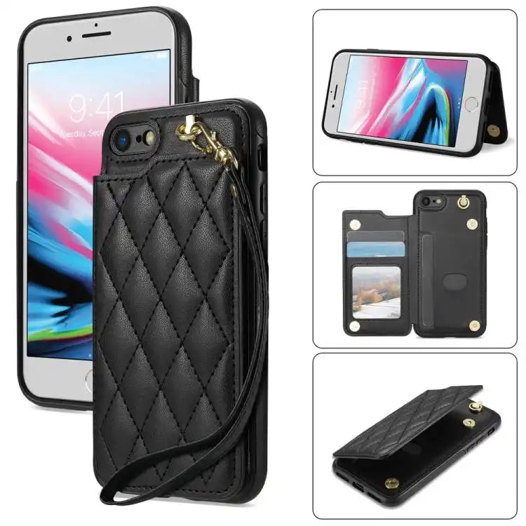 Rhombic Dual Buckle Card Slots Phone Case with Lanyard