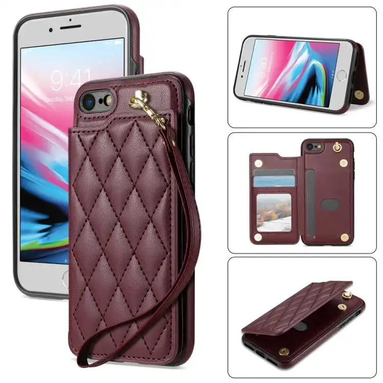 Rhombic Dual Buckle Card Slots Phone Case with Lanyard
