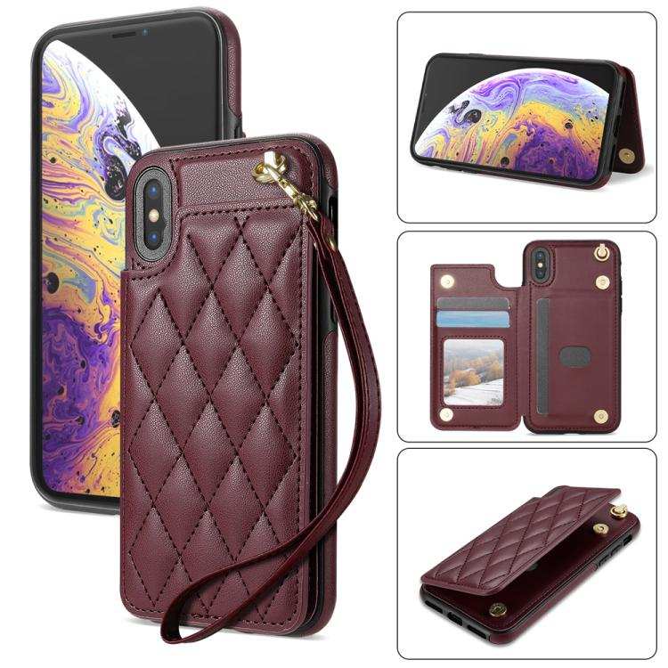 Rhombic Dual Buckle Card Slots Phone Case with Lanyard
