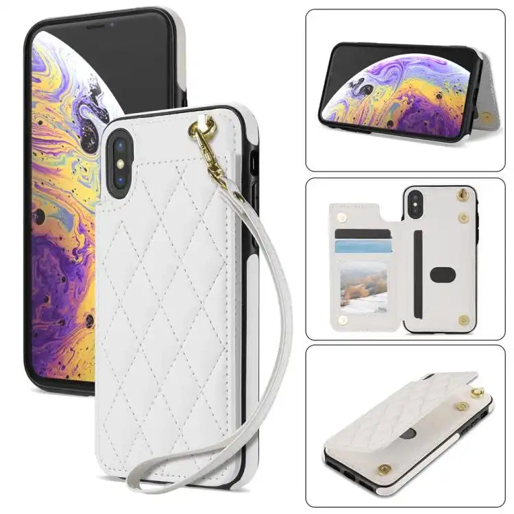 Rhombic Dual Buckle Card Slots Phone Case with Lanyard