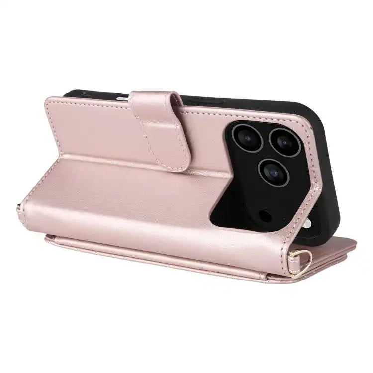 Multifunctional 6-Card Slots Leather Phone Case with Wrist Strap