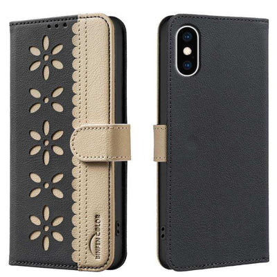 Splicing Color Hollow Flower Pattern RFID Leather Phone Case