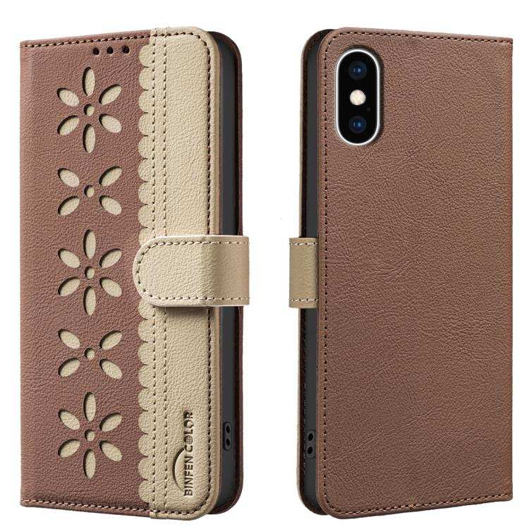 Splicing Color Hollow Flower Pattern RFID Leather Phone Case