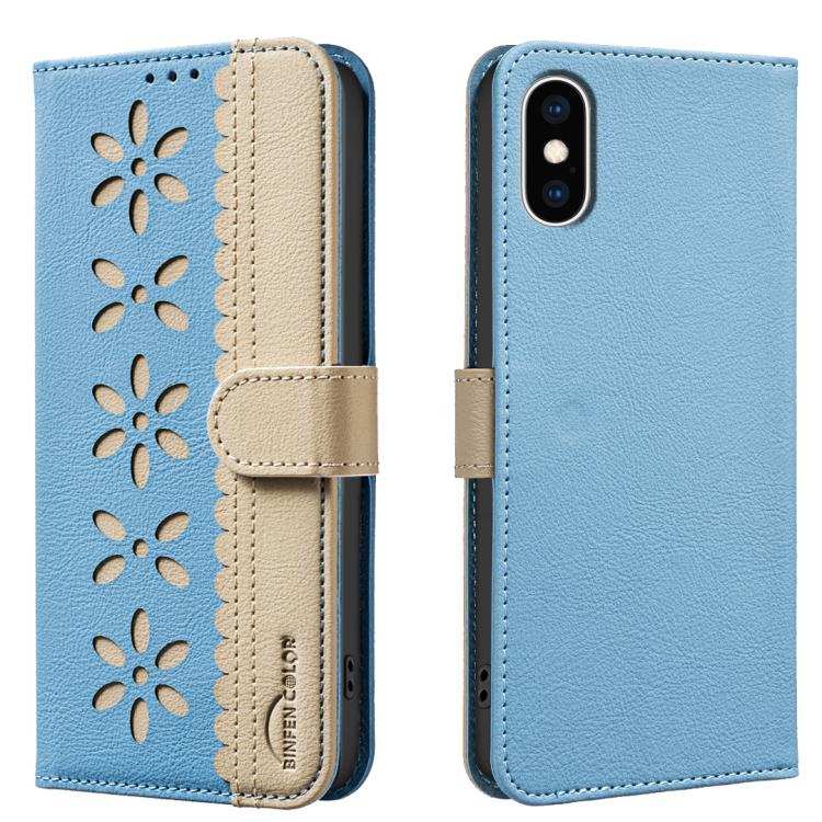 Splicing Color Hollow Flower Pattern RFID Leather Phone Case