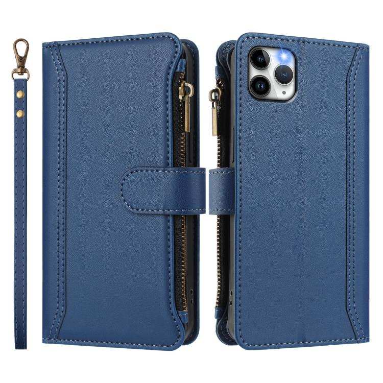 Magnetic Closure 9 Card Slots Zipper Leather Case with Hand Strap