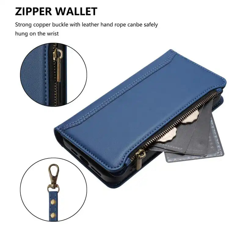 Magnetic Closure 9 Card Slots Zipper Leather Case with Hand Strap