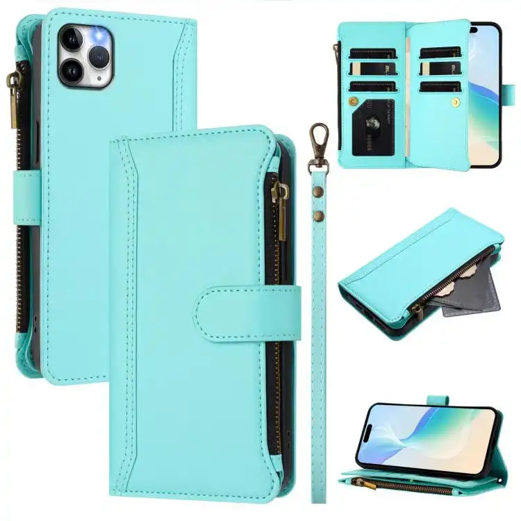 Magnetic Closure 9 Card Slots Zipper Leather Case with Hand Strap