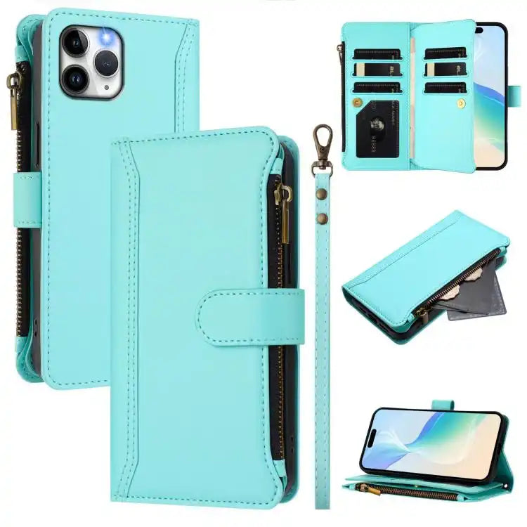 Magnetic Closure 9 Card Slots Zipper Leather Case with Hand Strap