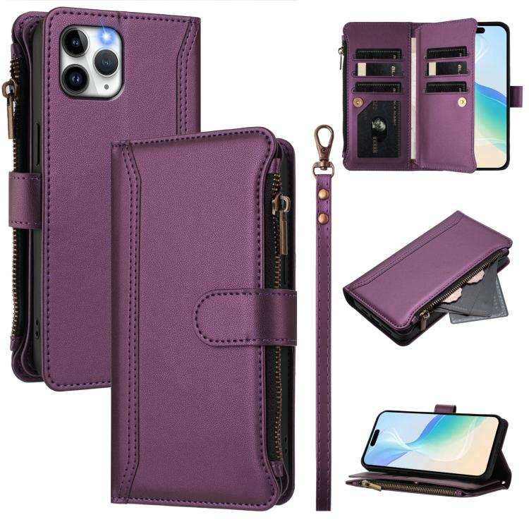 Magnetic Closure 9 Card Slots Zipper Leather Case with Hand Strap