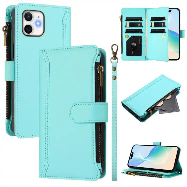 Magnetic Closure 9 Card Slots Zipper Leather Case with Hand Strap