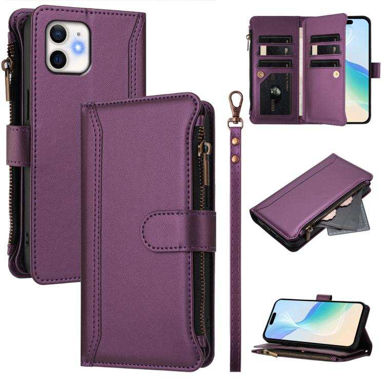 Magnetic Closure 9 Card Slots Zipper Leather Case with Hand Strap