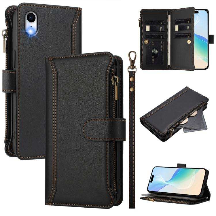 Magnetic Closure 9 Card Slots Zipper Leather Case with Hand Strap