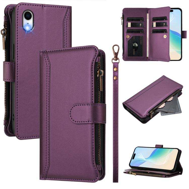 Magnetic Closure 9 Card Slots Zipper Leather Case with Hand Strap