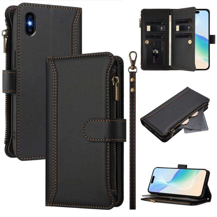 Magnetic Closure 9 Card Slots Zipper Leather Case with Hand Strap