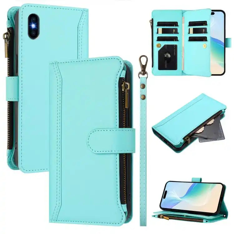 Magnetic Closure 9 Card Slots Zipper Leather Case with Hand Strap