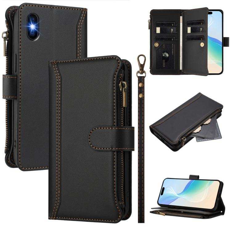 Magnetic Closure 9 Card Slots Zipper Leather Case with Hand Strap