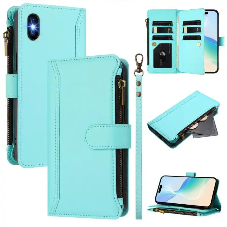 Magnetic Closure 9 Card Slots Zipper Leather Case with Hand Strap
