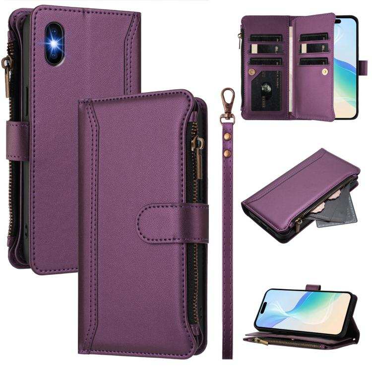Magnetic Closure 9 Card Slots Zipper Leather Case with Hand Strap