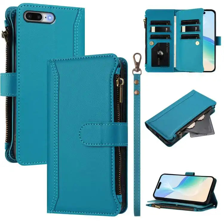 Magnetic Closure 9 Card Slots Zipper Leather Case with Hand Strap