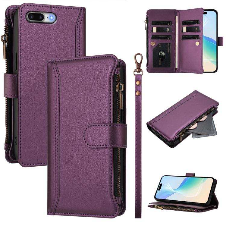 Magnetic Closure 9 Card Slots Zipper Leather Case with Hand Strap