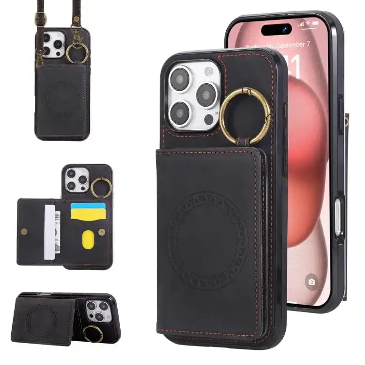 Car Magnetic Ring Buckle Card Bag Phone Case with Lanyard