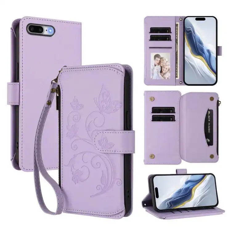 Butterfly Love Flower Multi-card Zipper Wallet Leather Phone Case