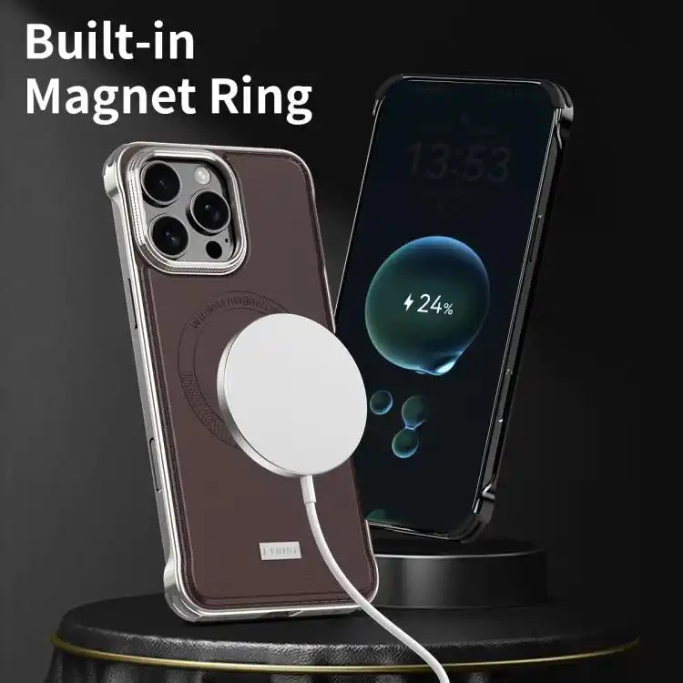 J TRIBE Metal Frameless Plain Leather MagSafe Phone Case