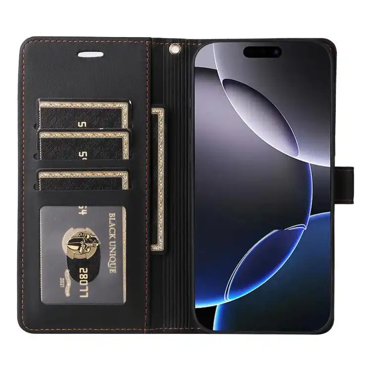 Six Card Slots Buckle Leather Phone Case with Lanyard