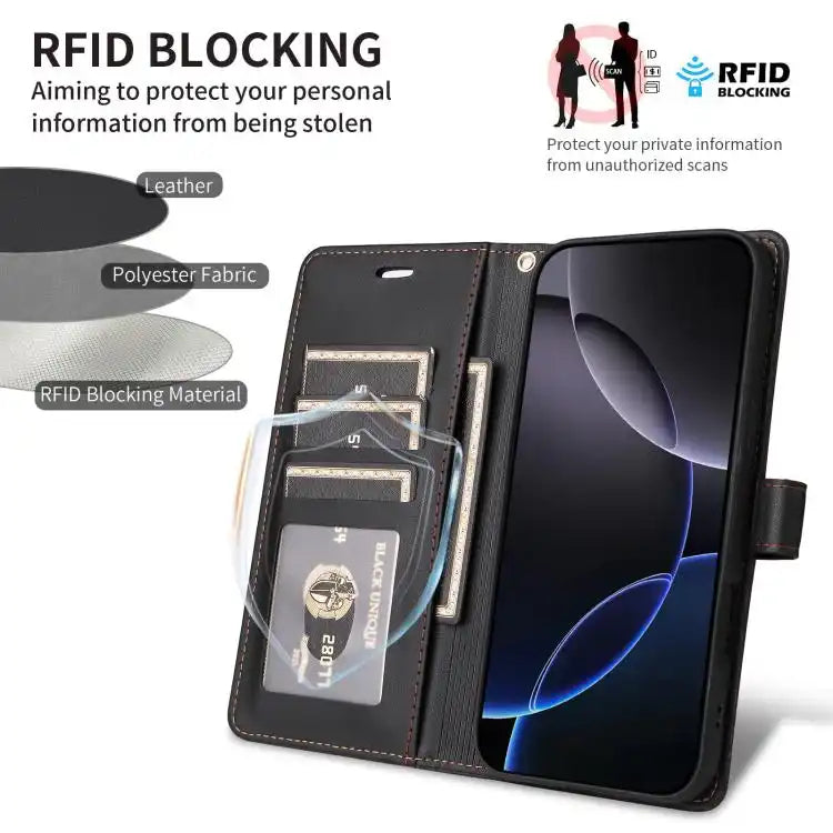 Six Card Slots Buckle Leather Phone Case with Lanyard