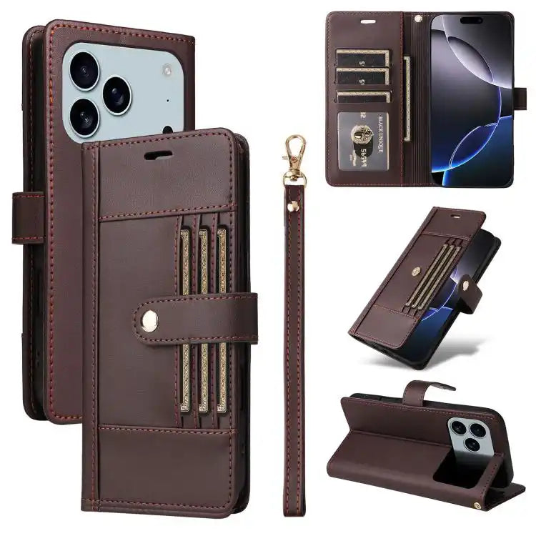 Six Card Slots Buckle Leather Phone Case with Lanyard