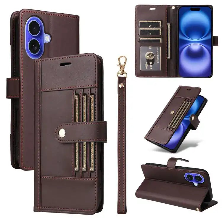 Six Card Slots Buckle Leather Phone Case with Lanyard