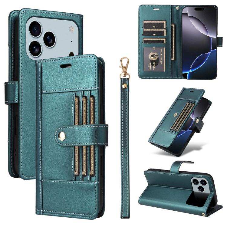 Six Card Slots Buckle Leather Phone Case with Lanyard