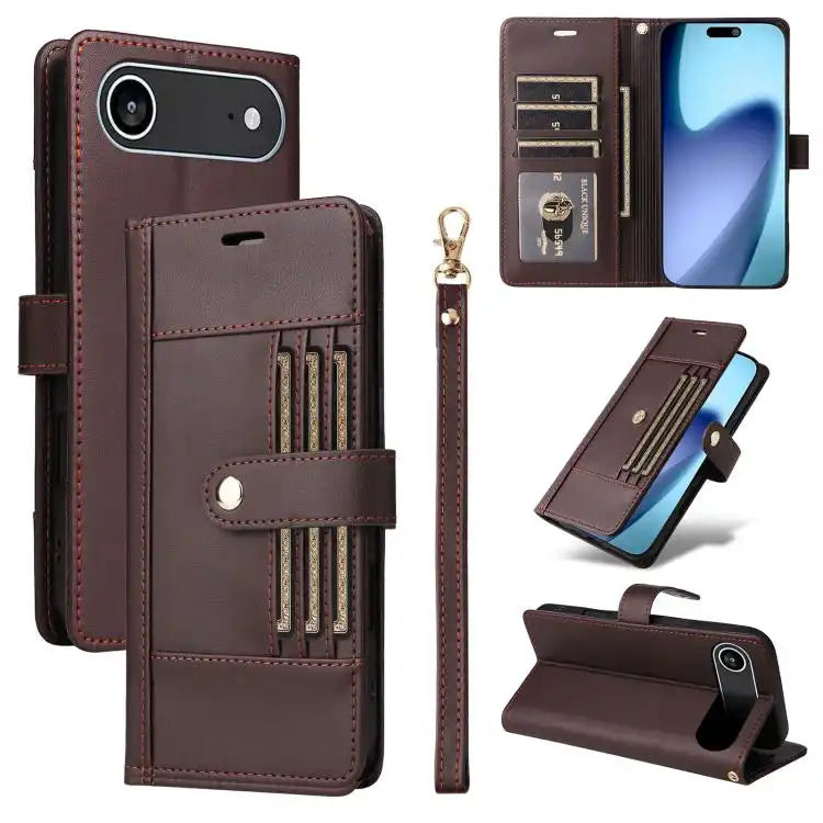 Six Card Slots Buckle Leather Phone Case with Lanyard