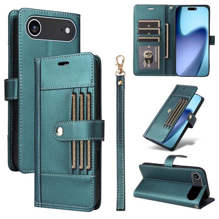 Six Card Slots Buckle Leather Phone Case with Lanyard