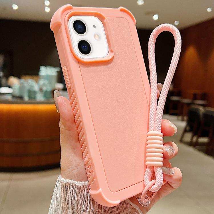 Solid Color TPU Hybrid PC Shockproof Phone Case with Wrist Strap