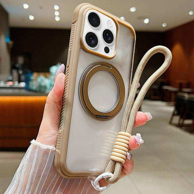 Solid Color Edge Transparency Rotation Holder MagSafe Phone Case with Wrist Strap