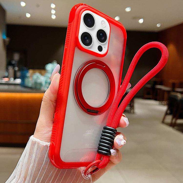 Solid Color Edge Transparency Rotation Holder MagSafe Phone Case with Wrist Strap