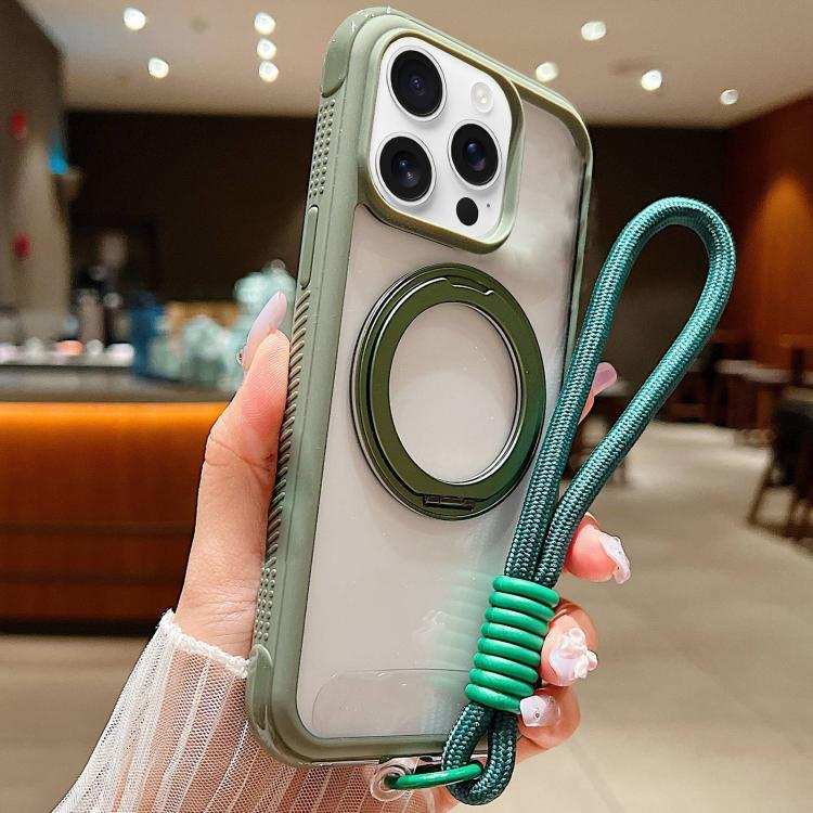 Solid Color Edge Transparency Rotation Holder MagSafe Phone Case with Wrist Strap
