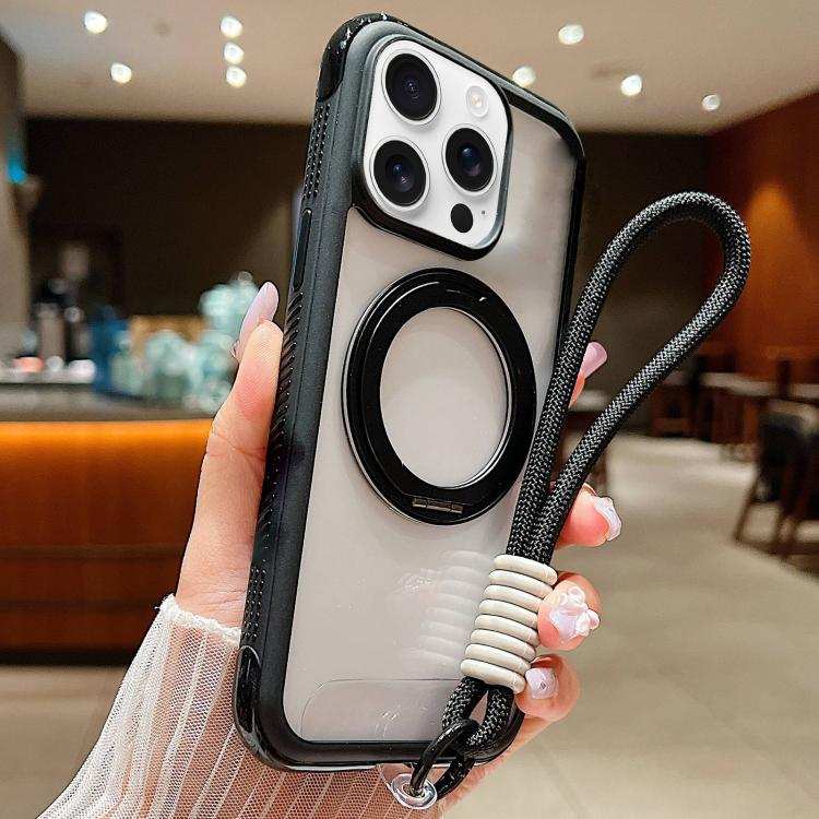 Solid Color Edge Transparency Rotation Holder MagSafe Phone Case with Wrist Strap