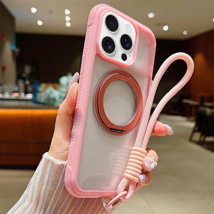 Solid Color Edge Transparency Rotation Holder MagSafe Phone Case with Wrist Strap