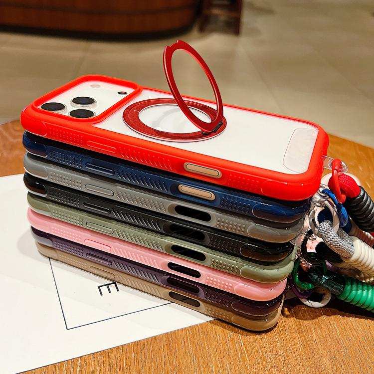 Solid Color Edge Transparency Rotation Holder MagSafe Phone Case with Wrist Strap